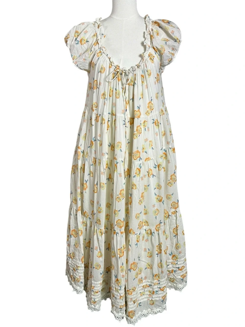 Anthropologie Summer Cottage Floral Short Sleeve Scoop Neck Midi Dress Large
